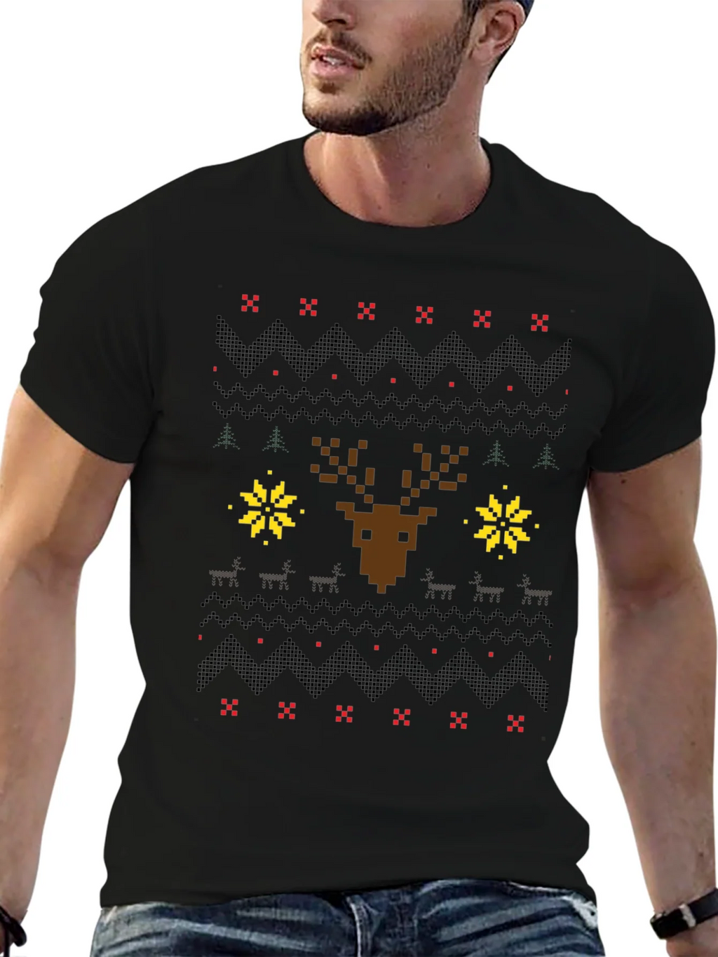 Pixel Art Christmas Deer Graphic Tee