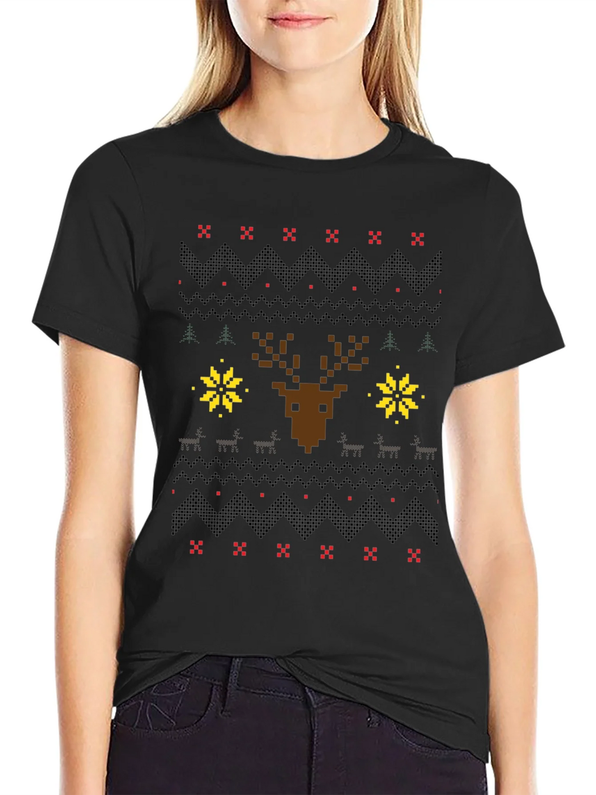Pixel Art Christmas Deer Graphic Tee