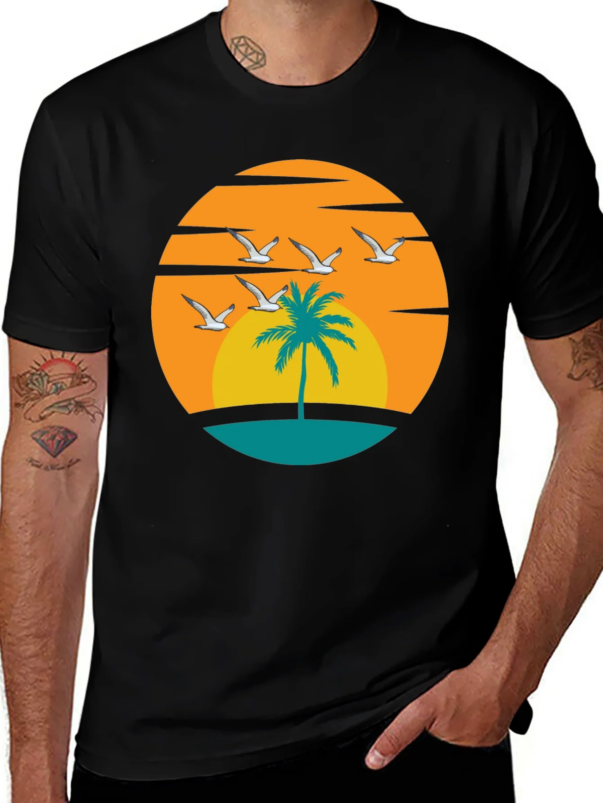 Sunset Palm Tree Graphic Tee - Black