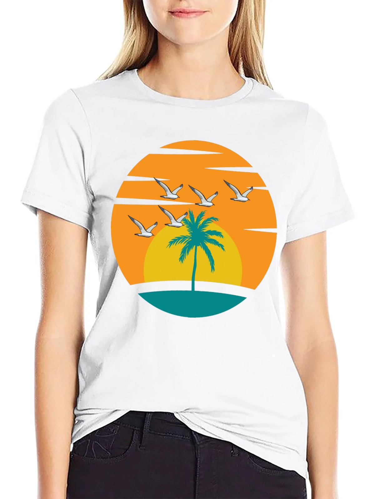 Sunset Palm Tree Graphic Tee - Black