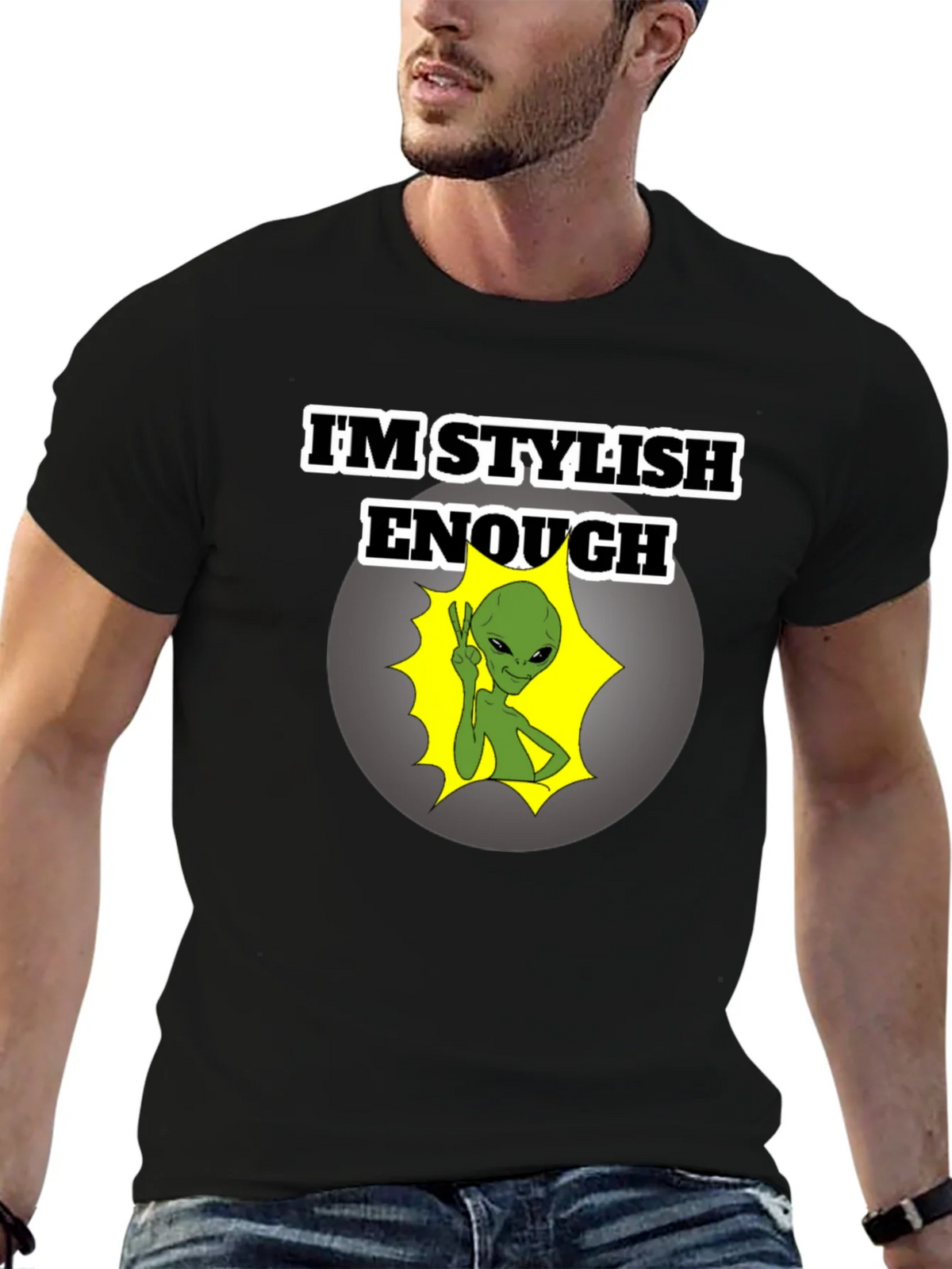Stylish Alien Graphic T-Shirt - Mens Black Tee