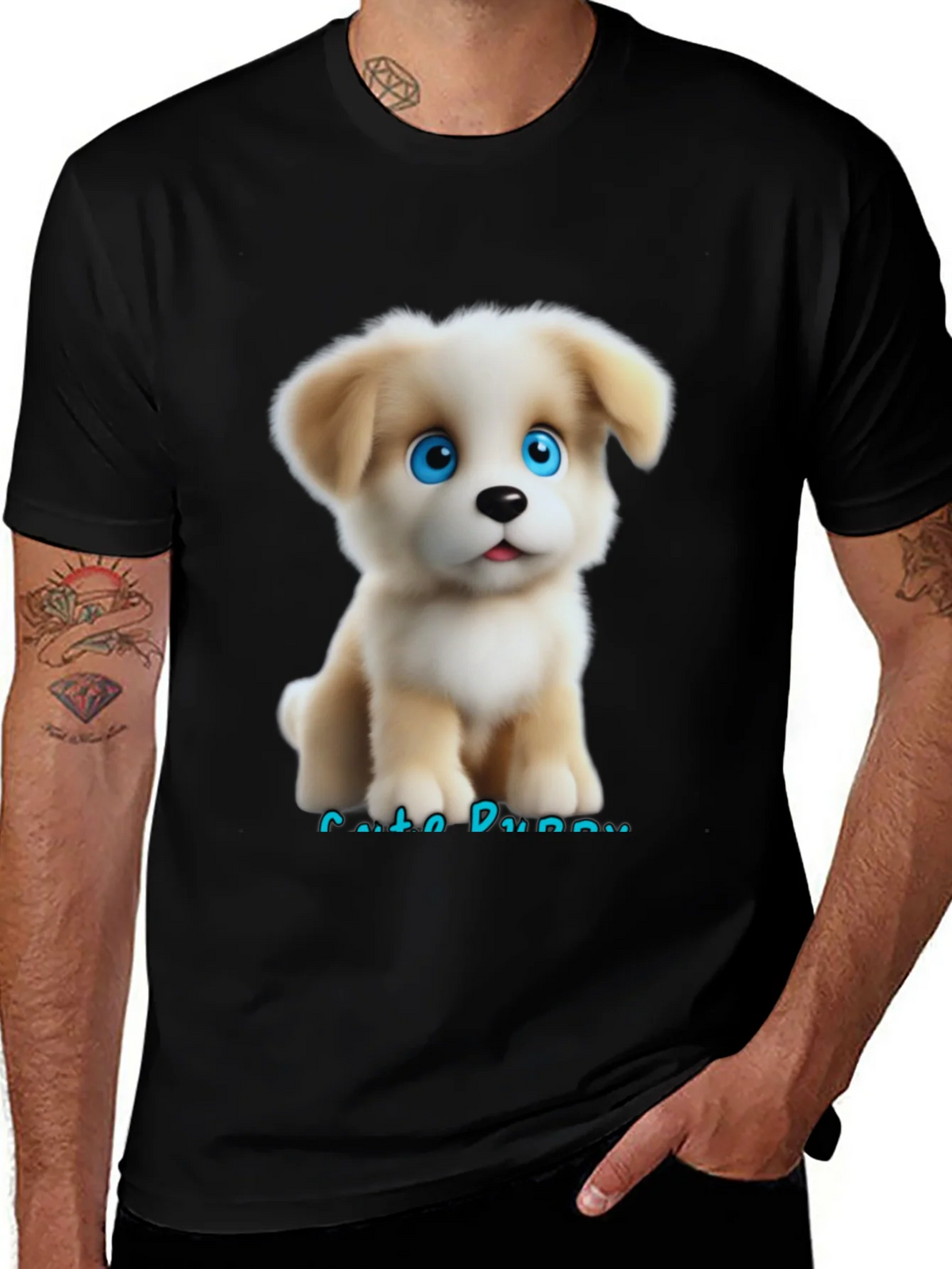 Cute Puppy Graphic Black T-Shirt for Men