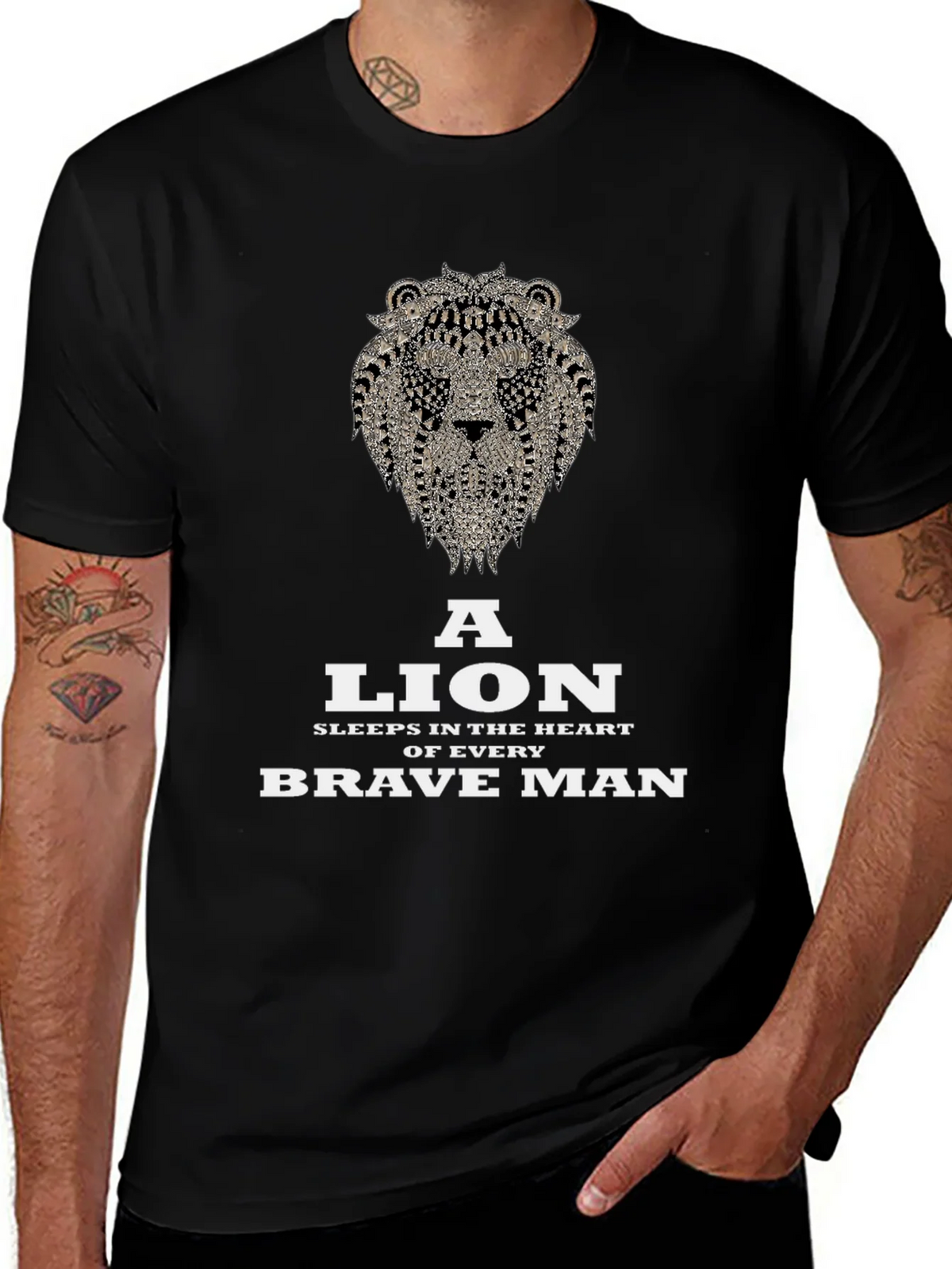 Lion Heart Brave Man Black Graphic T-Shirt