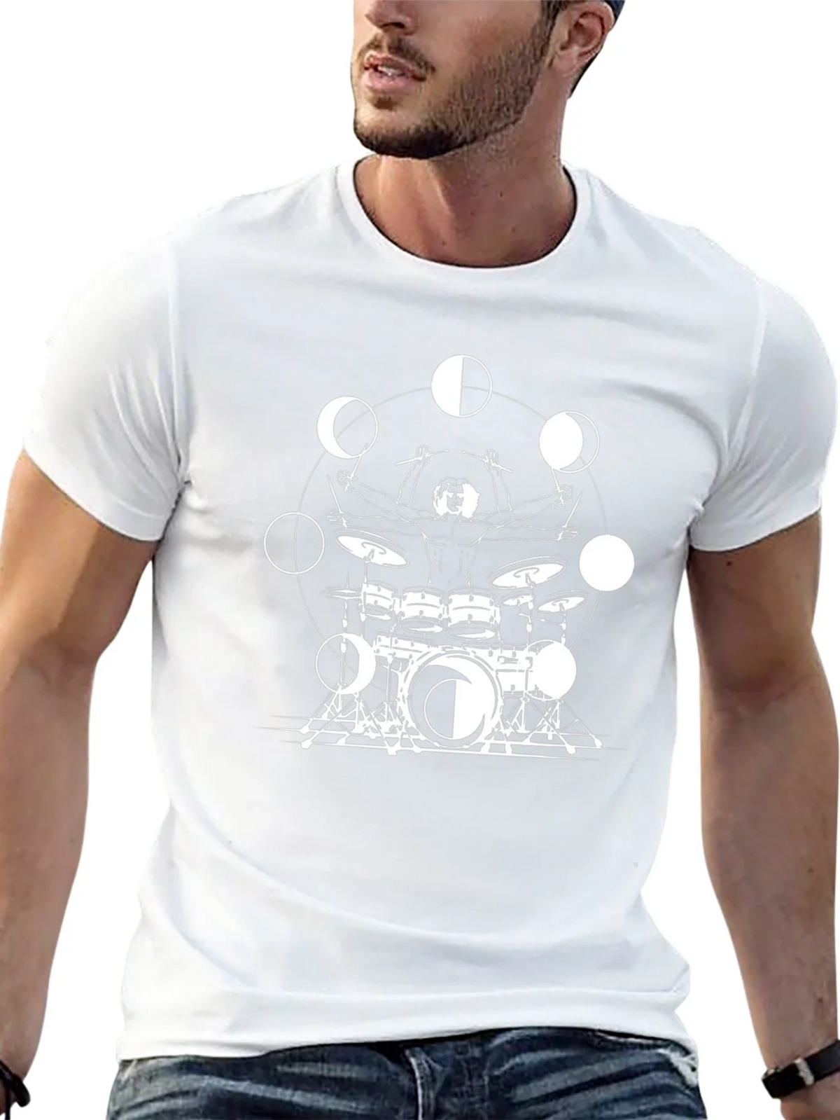Drummer Moon Phases Graphic Black T-Shirt
