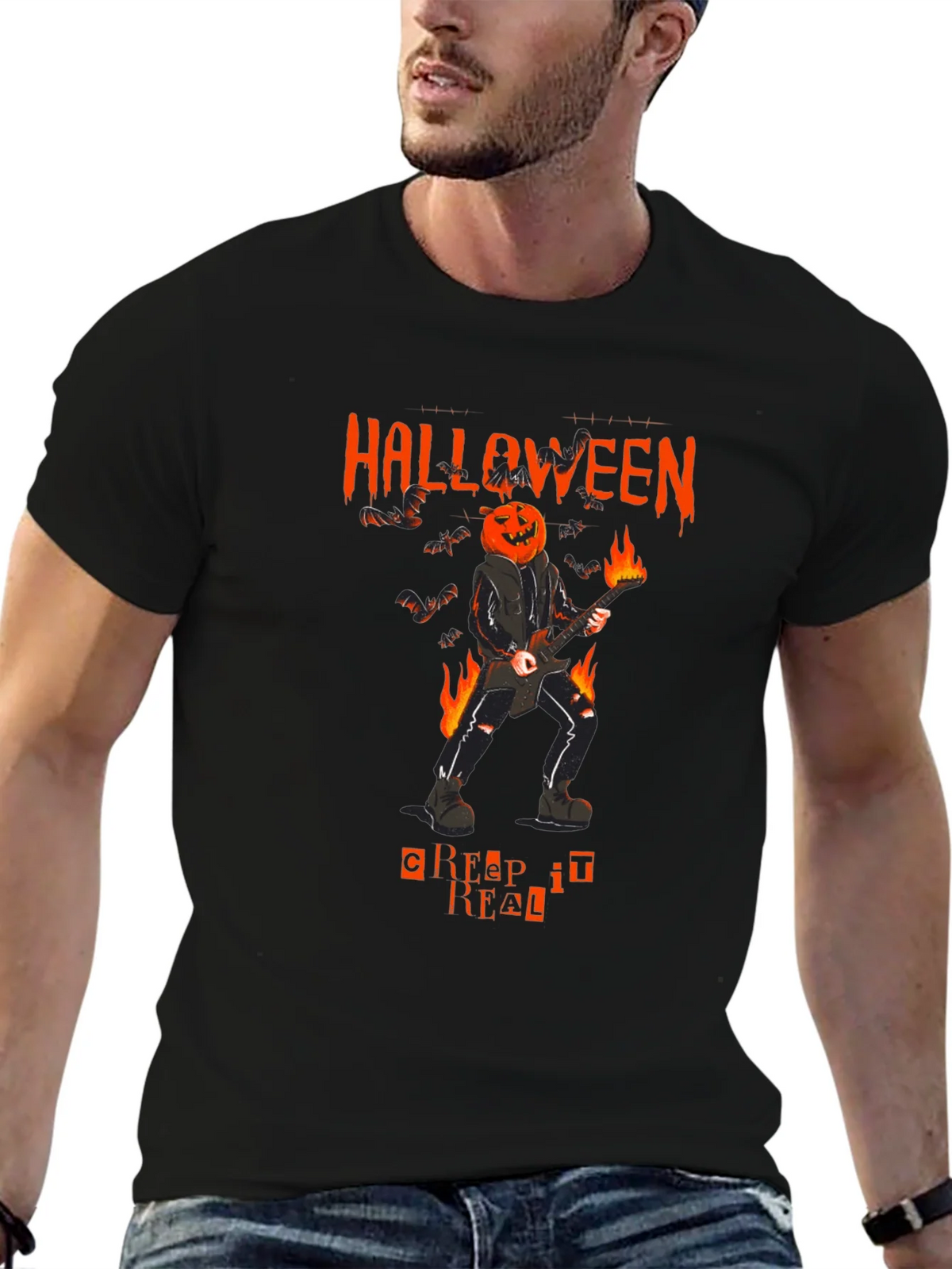 Halloween Pumpkin Head Guitarist T-Shirt