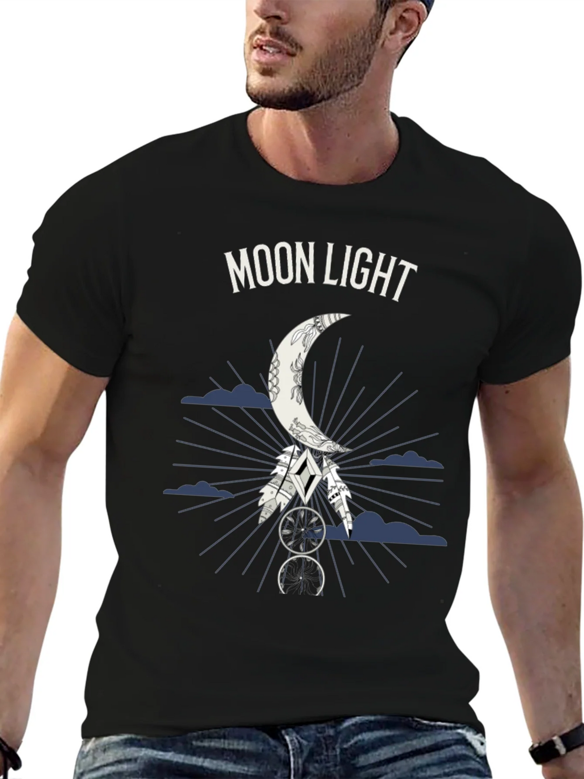 Moonlight Graphic Tee - Dreamcatcher Design - Black T-Shirt