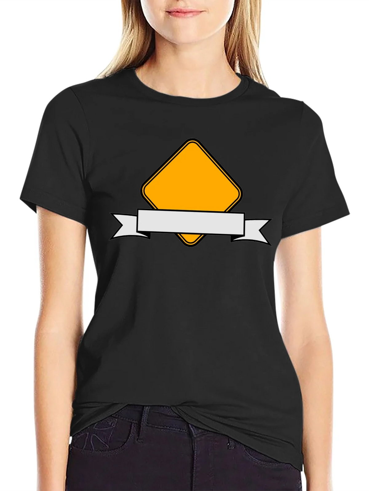 Modern Black T-Shirt with Yellow Diamond and Ribbon Design