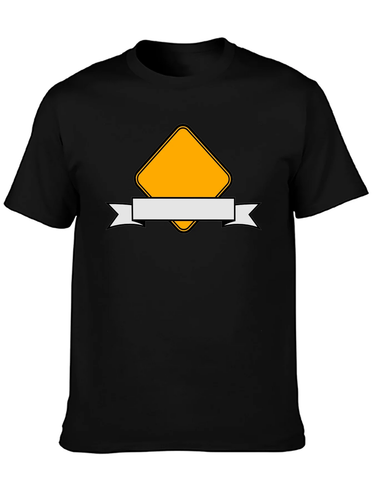 Modern Black T-Shirt with Yellow Diamond and Ribbon Design