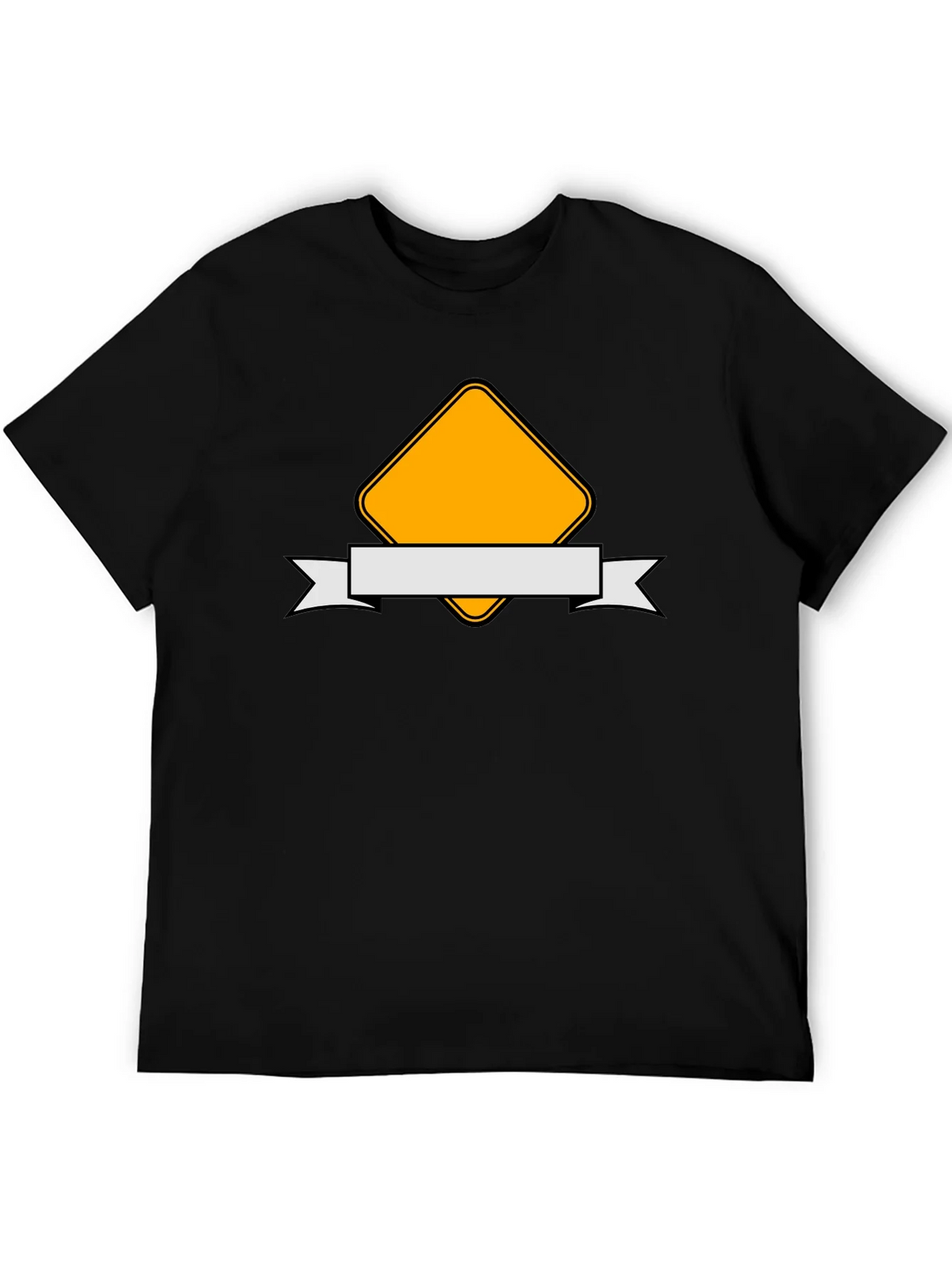 Modern Black T-Shirt with Yellow Diamond and Ribbon Design