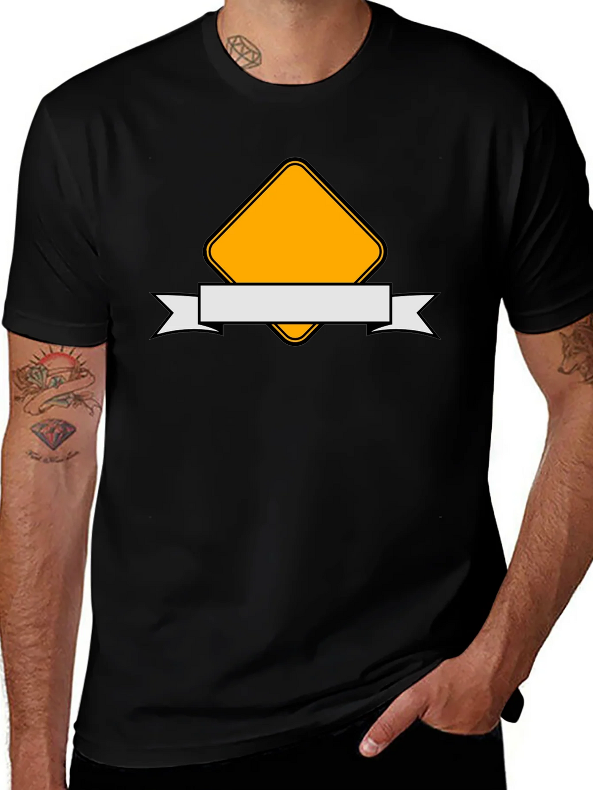 Modern Black T-Shirt with Yellow Diamond and Ribbon Design