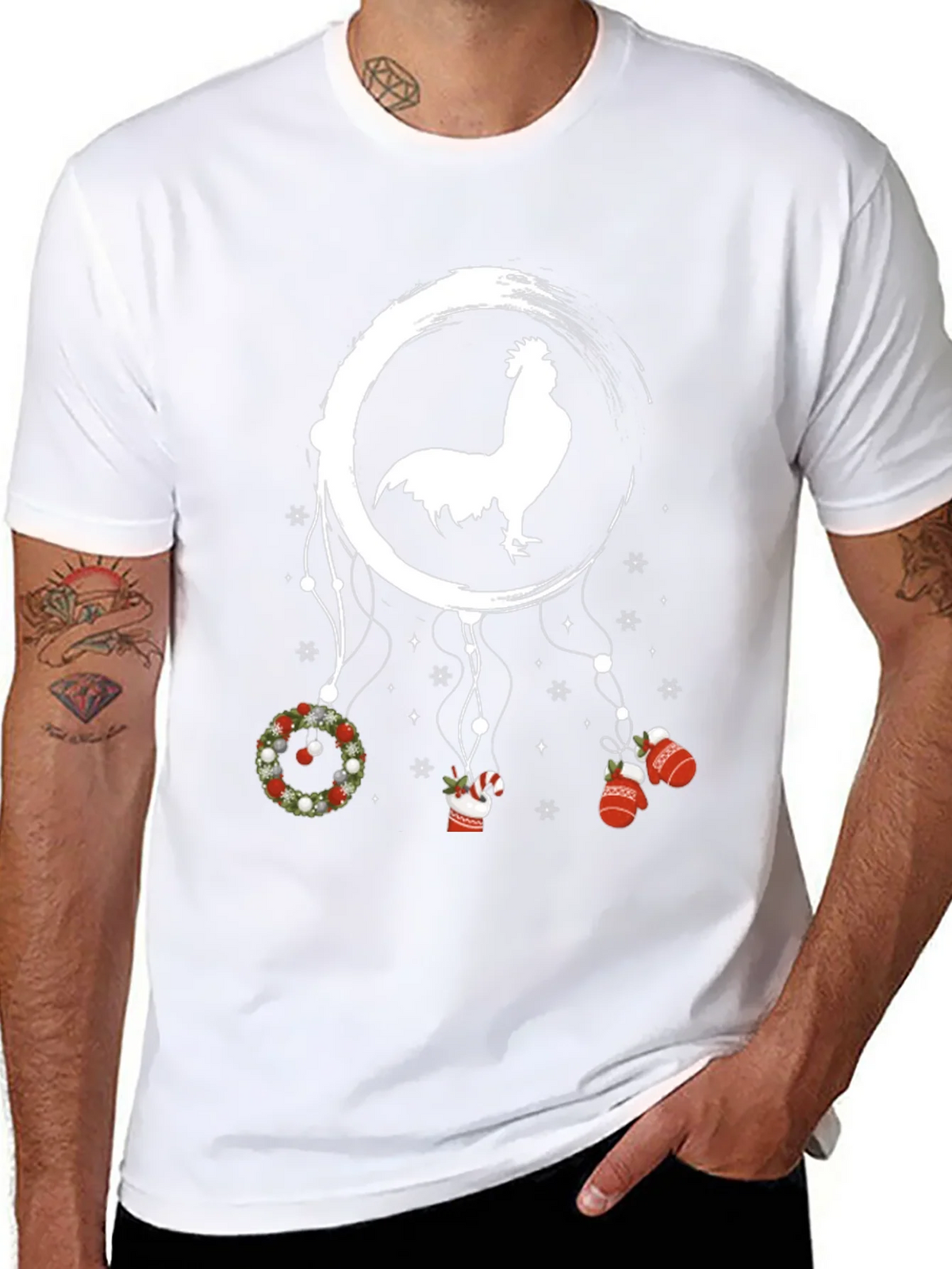 Festive Rooster Dreamcatcher Graphic Tee - Christmas